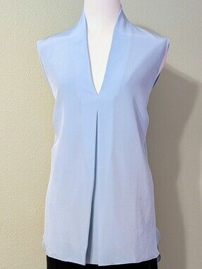 J Peterman Womens Silk Blouse Size 18 Blue Sleeveless Tunic High Low V-Neck